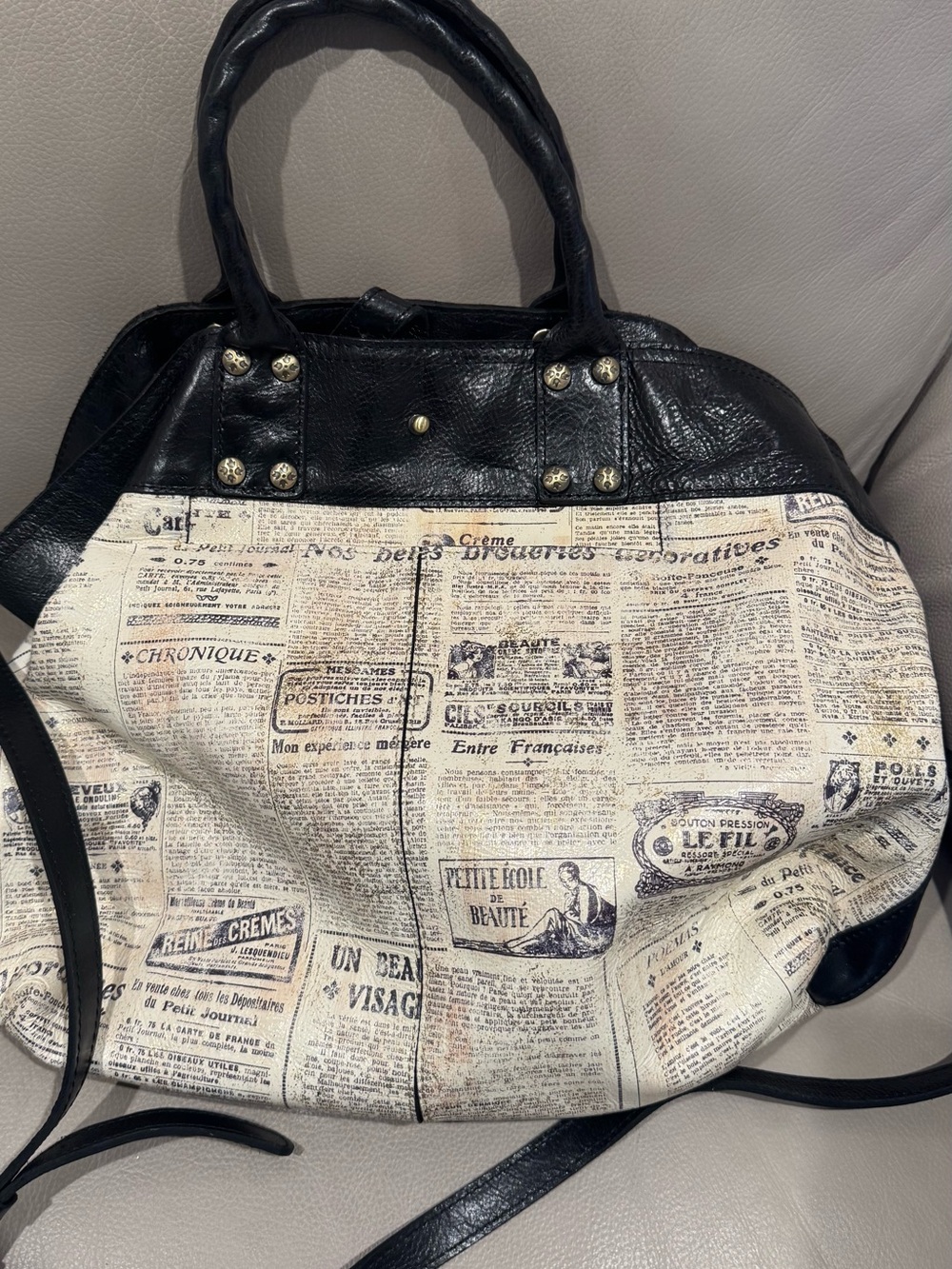 Patricia Nash Emilion Tote Black and Cream Newsprint Leather Tote